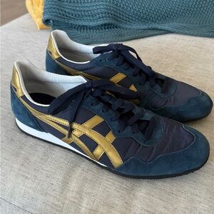 Onitsuka Tiger Serrano Sneakers Shoes Asics Navy Blue Gold TRIED ON NEW NO BOX